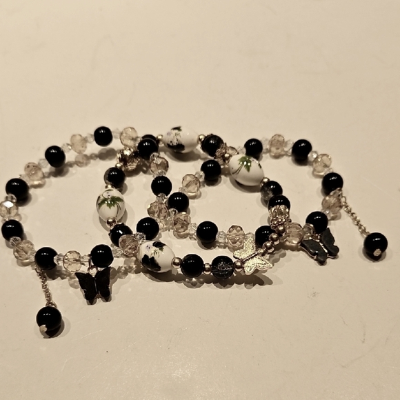 3 Black & White & Goldtone Glass & Crystal Beaded Stretch Bracelet Set - Picture 1 of 9